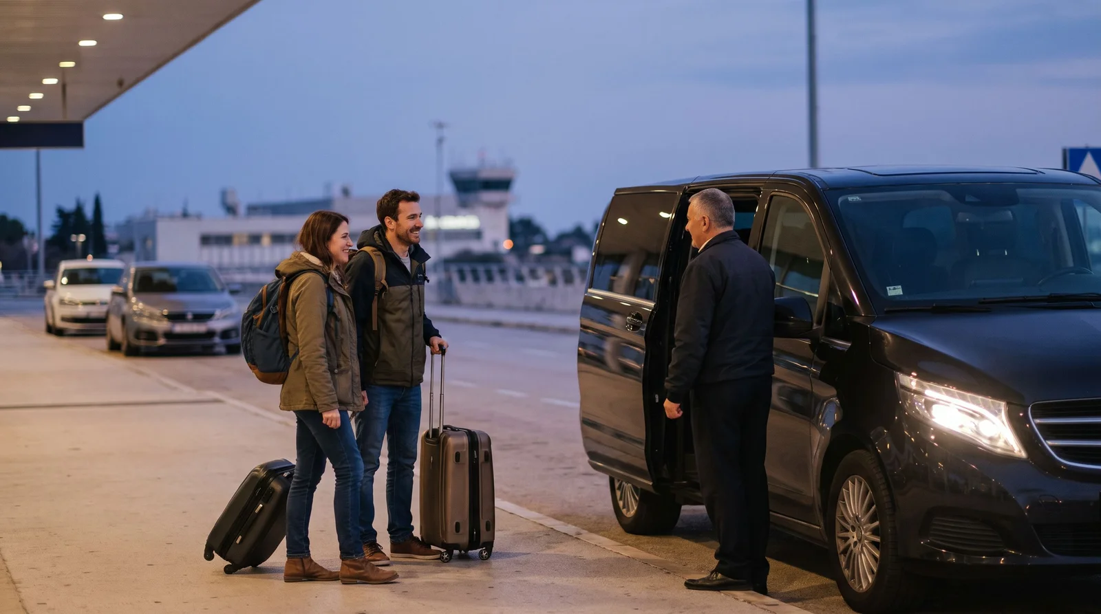 Taxi vozilo čeka putnika ispred noću osvijetljenog terminala zračne luke Split